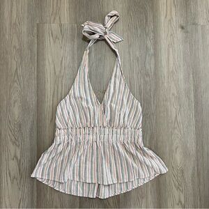 American Eagle Linen Blend Striped Smocked Babydoll Halter Top - Medium